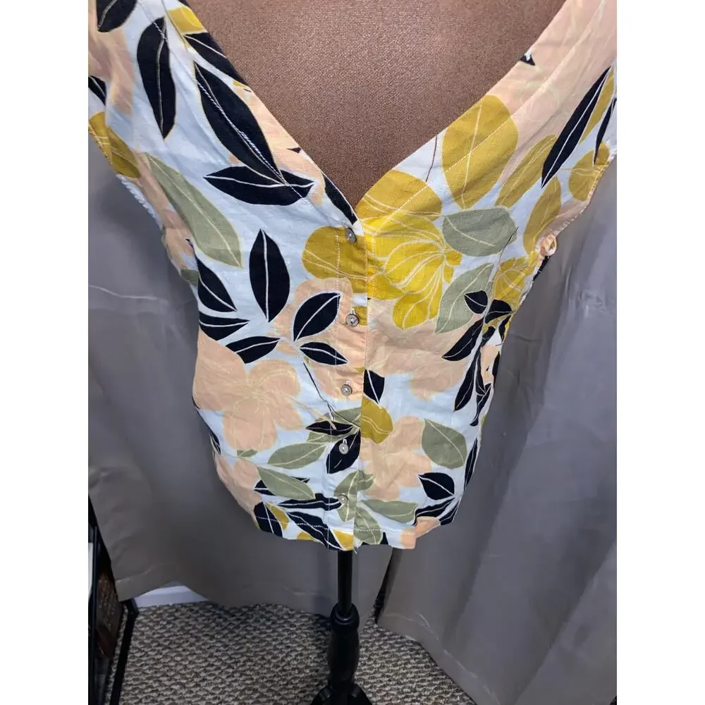 Rachel Zoe Tropical Floral Linen Blouse Top Button Back Small EUC Linen - Picture 6 of 11